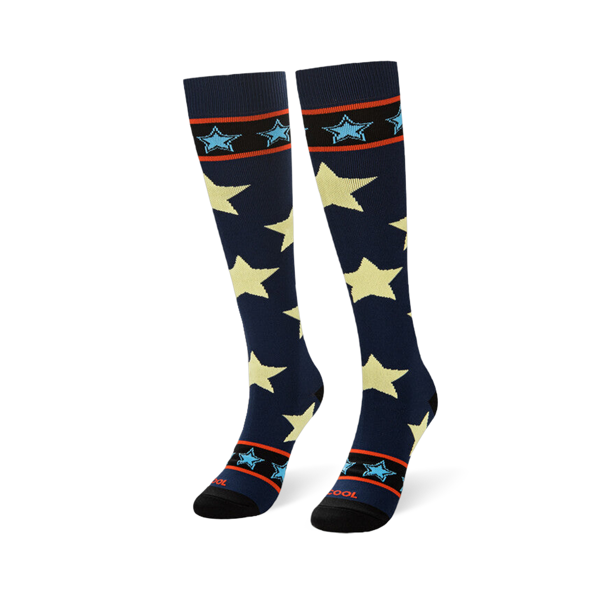 Angled view of navy socks standing upright to show the striped band near the black toe with the word COOL in red.
