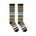 Angled flat lay of two knee-high striped socks with black cuffs and toes, featuring a mix of earth tones and bright teal.