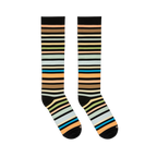 Angled flat lay of two knee-high striped socks with black cuffs and toes, featuring a mix of earth tones and bright teal.