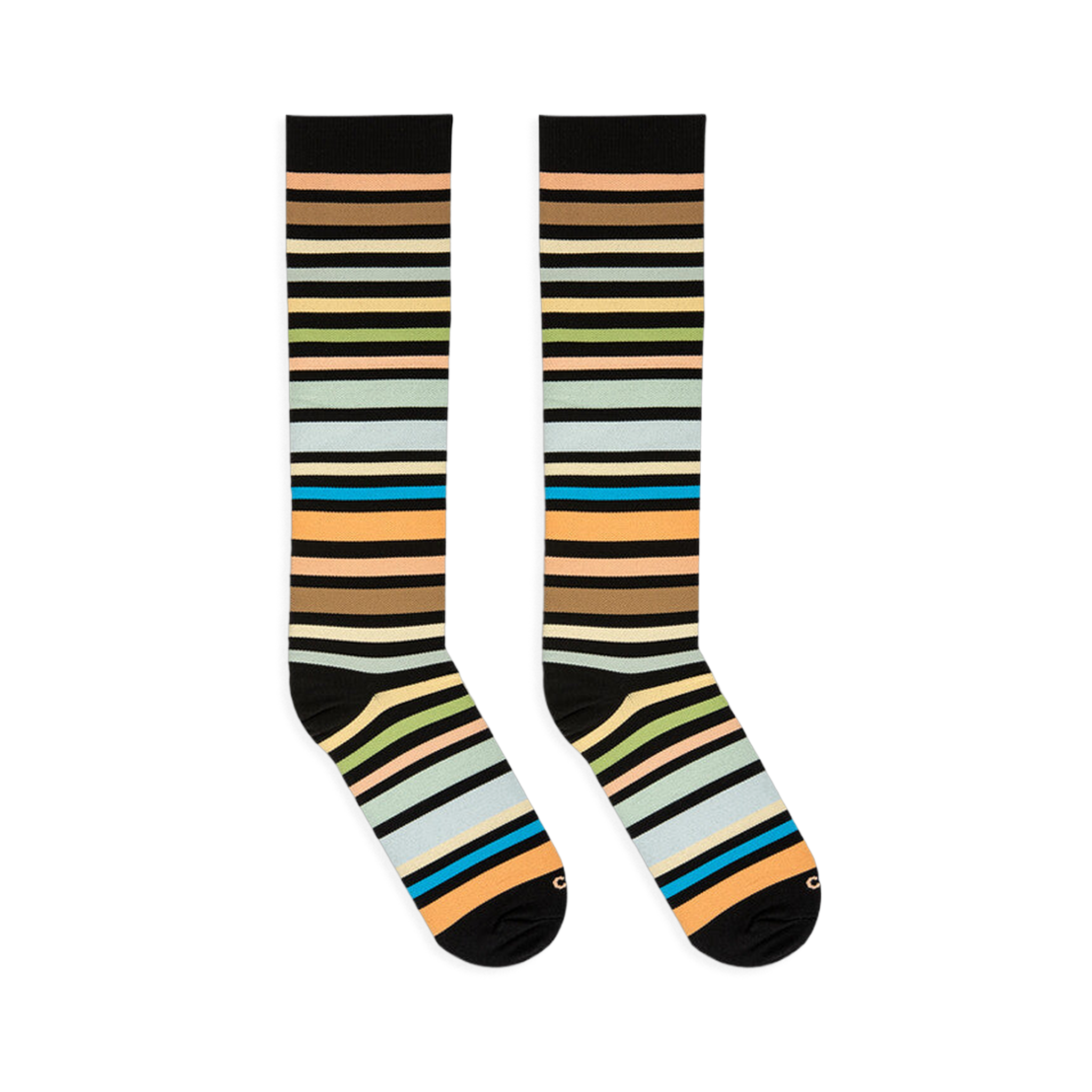 Angled flat lay of two knee-high striped socks with black cuffs and toes, featuring a mix of earth tones and bright teal.
