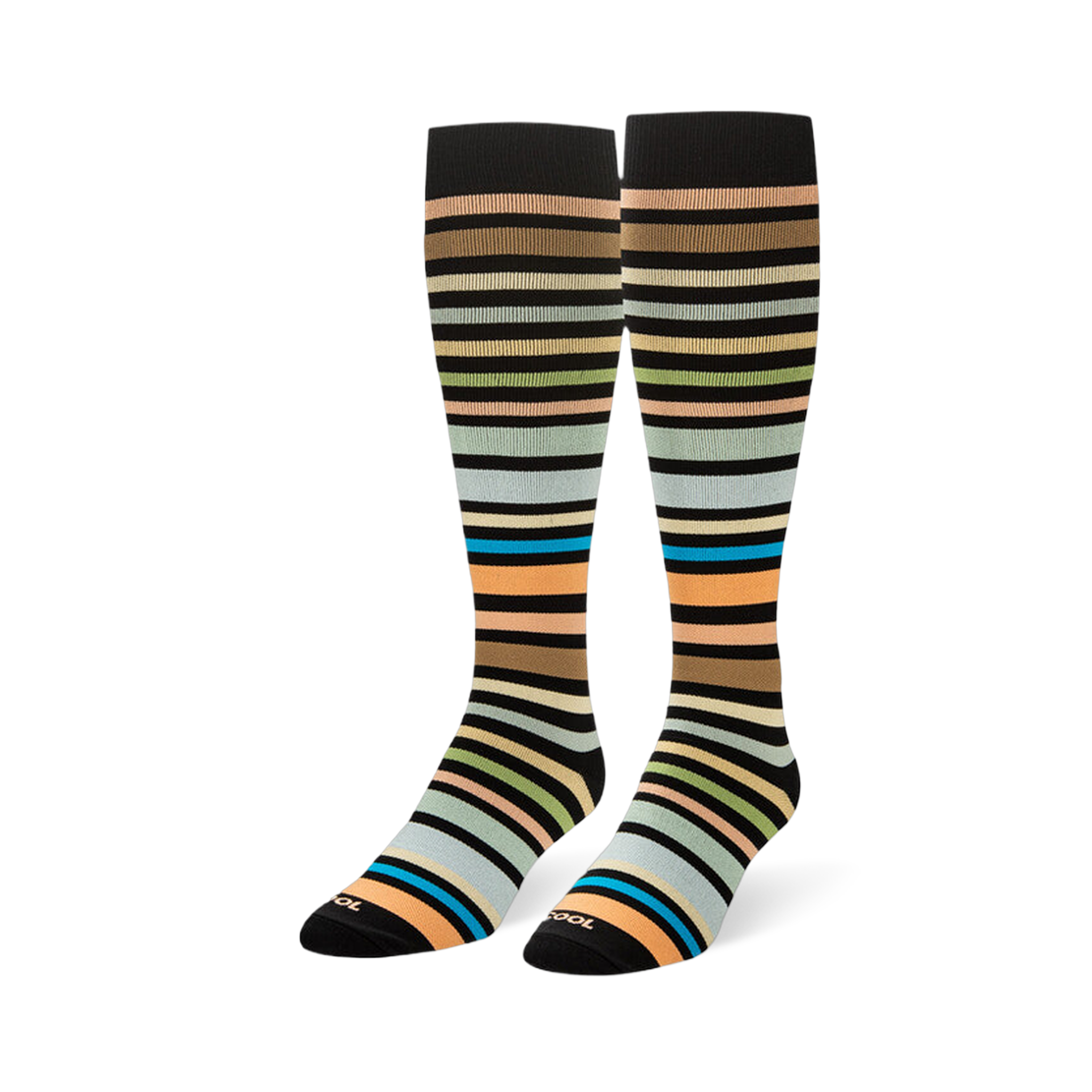 Pair of knee-high socks displayed upright, showing the multi-colored earthy stripes wrapping around the leg and foot.