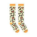 Flat lay of cream knee-high socks showing black leopard print with coral hearts and solid orange accents.