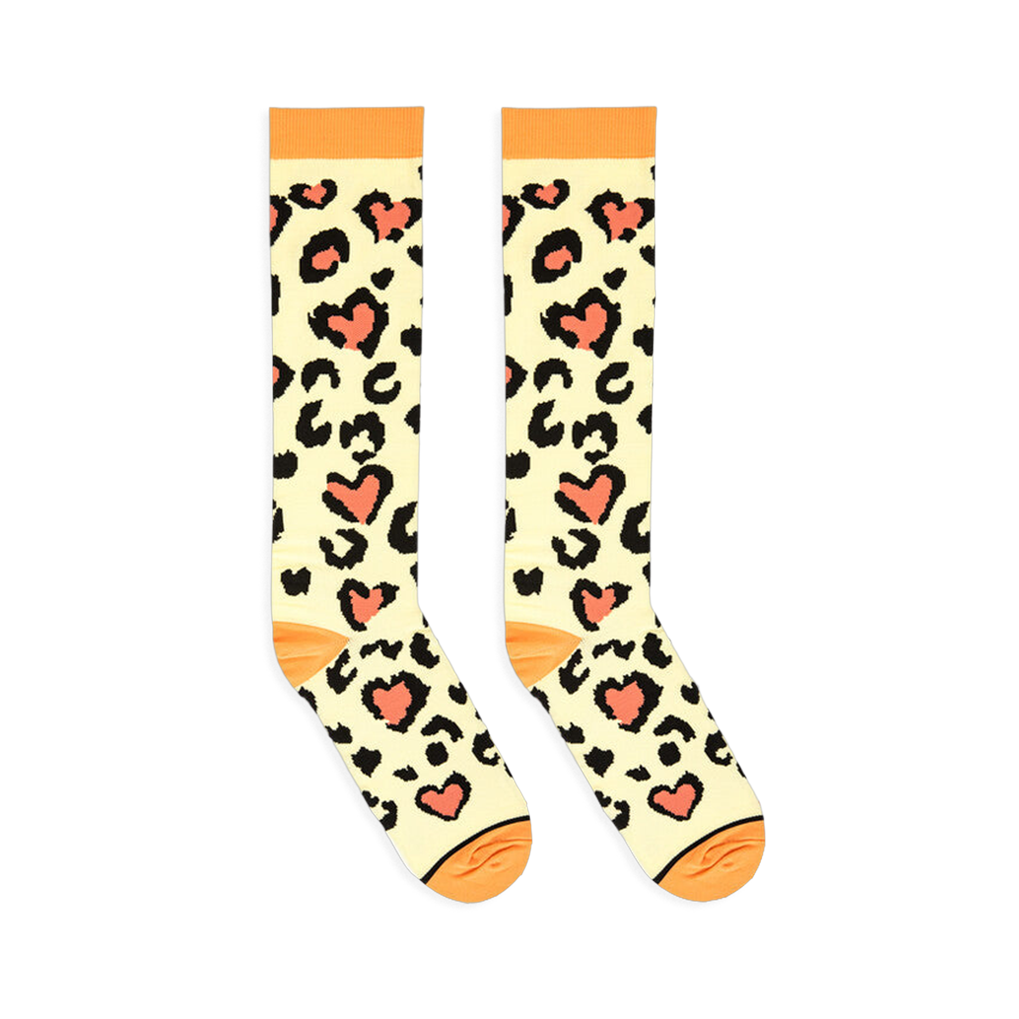 Flat lay of cream knee-high socks showing black leopard print with coral hearts and solid orange accents.