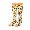Knee-high socks in pale cream with black leopard print spots surrounding coral hearts, plus solid orange cuffs, heels and toes.