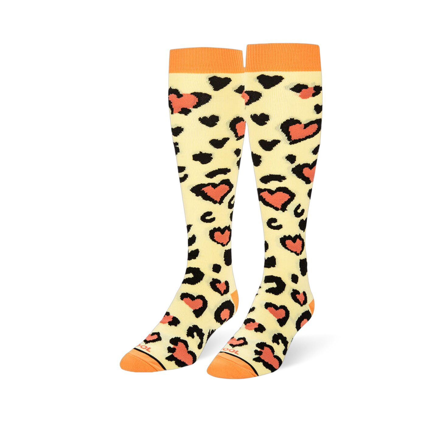 Knee-high socks in pale cream with black leopard print spots surrounding coral hearts, plus solid orange cuffs, heels and toes.