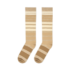 Flat lay view of knee-high socks with gradient brown and cream horizontal stripes against a black background.