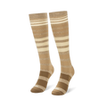 Knee-high socks featuring an ombre horizontal stripe pattern fading from dark brown at the bottom to light cream at the top.