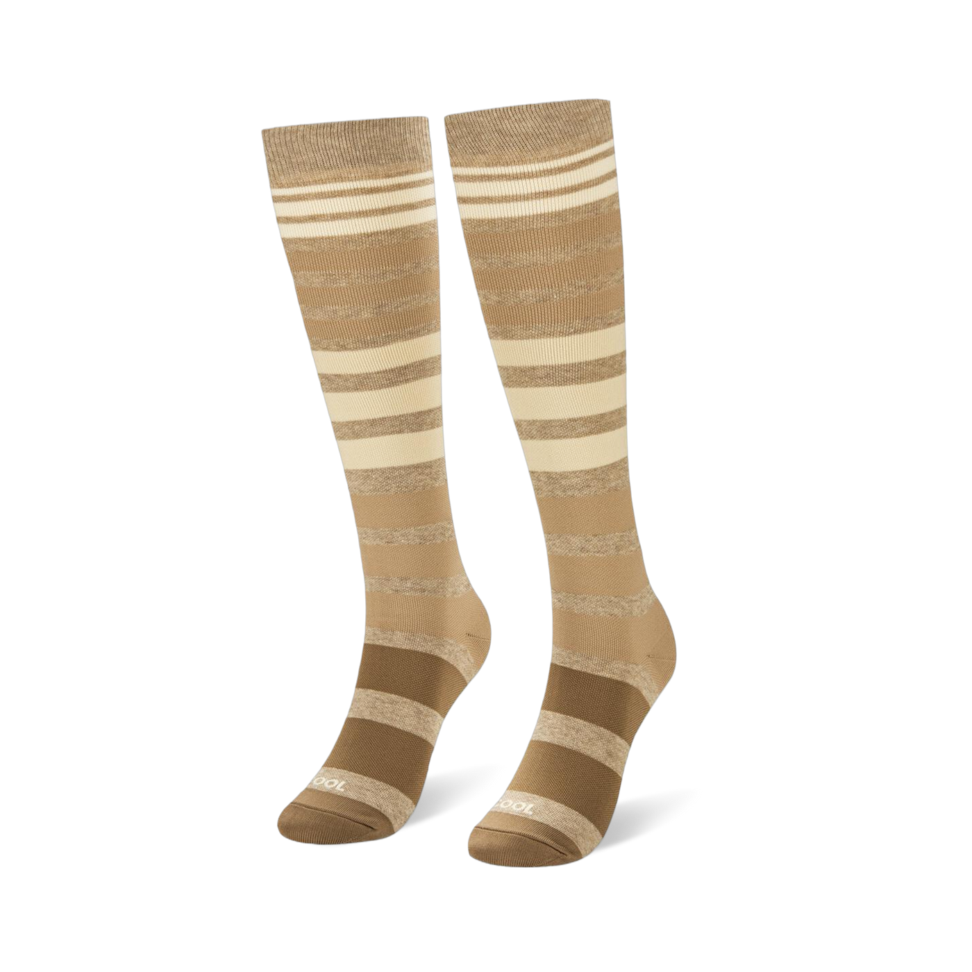 Knee-high socks featuring an ombre horizontal stripe pattern fading from dark brown at the bottom to light cream at the top.