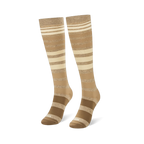 Knee-high socks featuring an ombre horizontal stripe pattern fading from dark brown at the bottom to light cream at the top.