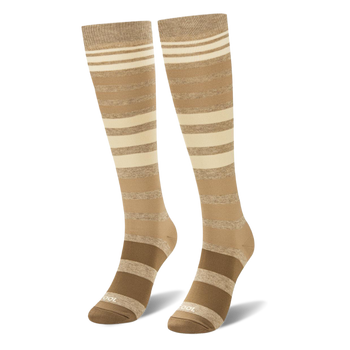 Knee-high socks featuring an ombre horizontal stripe pattern fading from dark brown at the bottom to light cream at the top.