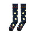 Flat lay of tall navy socks displaying large pale stars alongside top cuffs with bright borders and light blue stars.