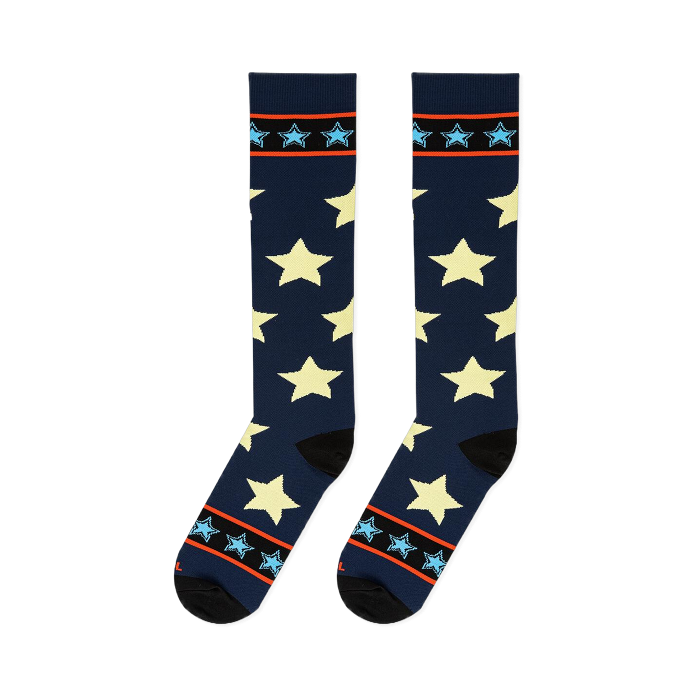 Flat lay of tall navy socks displaying large pale stars alongside top cuffs with bright borders and light blue stars.