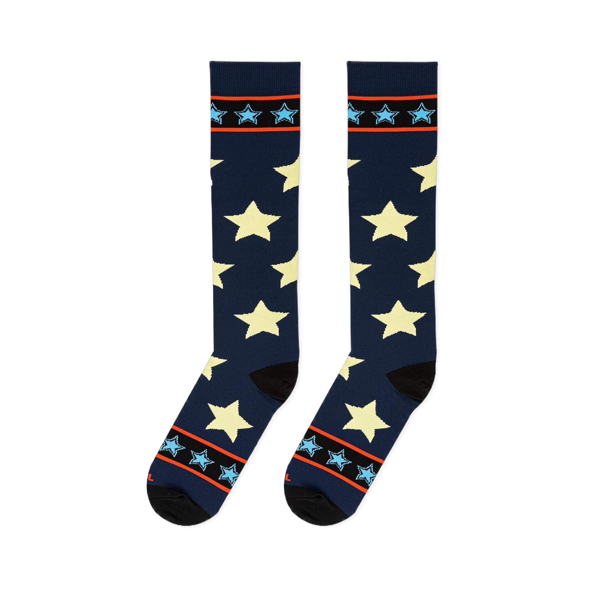 Flat lay of tall navy socks displaying large pale stars alongside top cuffs with bright borders and light blue stars.