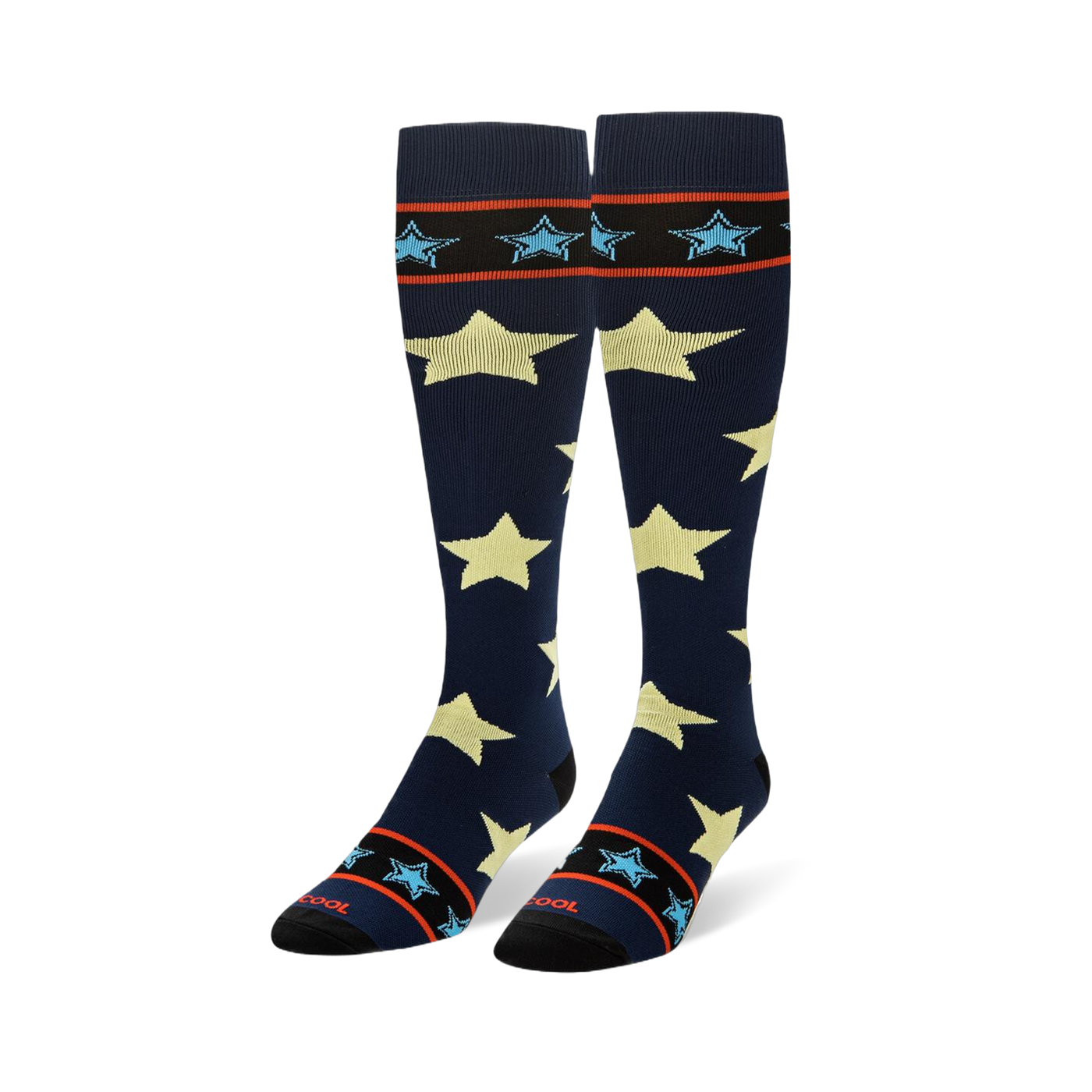 Tall navy blue socks showing large pale yellow stars and striped black cuffs with small light blue stars.