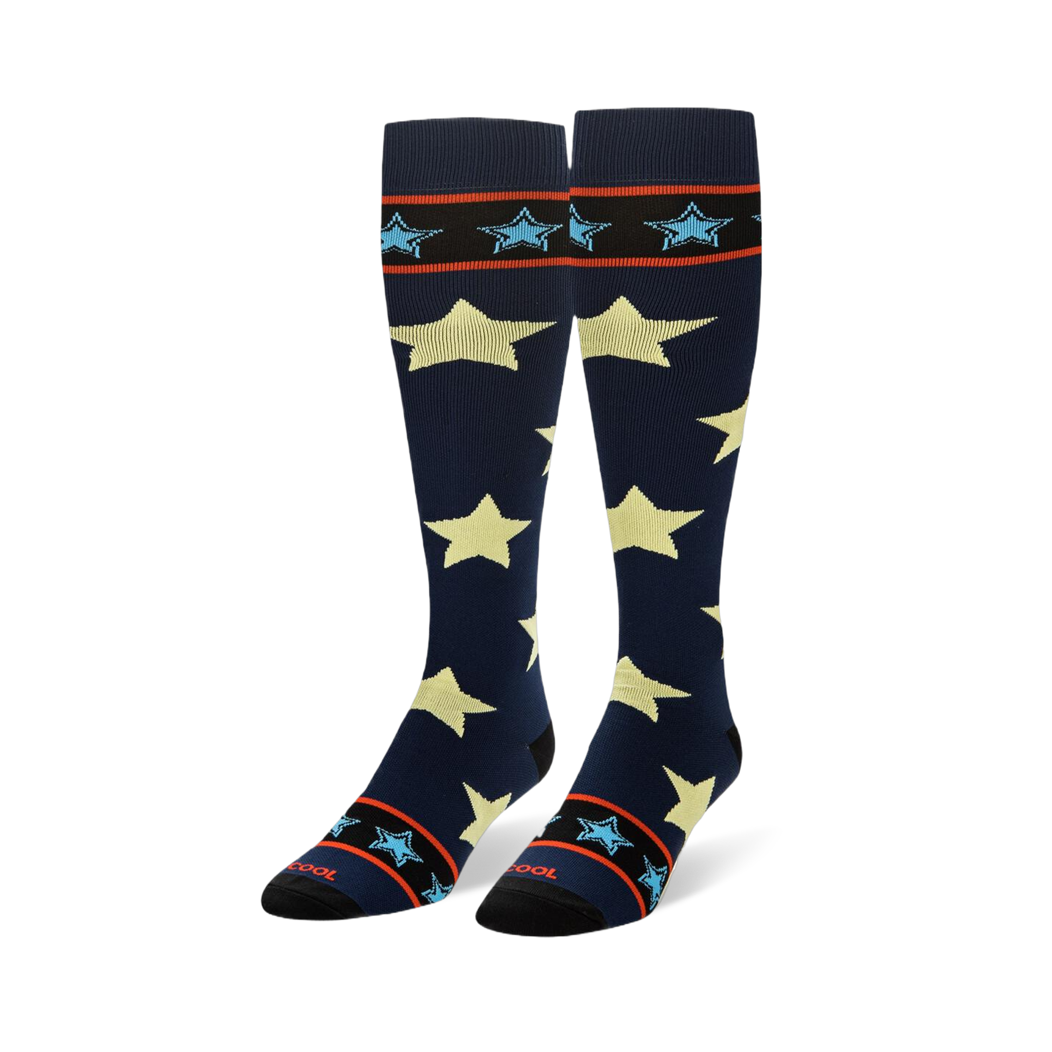 Tall navy blue socks showing large pale yellow stars and striped black cuffs with small light blue stars.