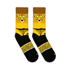 Flat lay view of two yellow and black crew socks showing a cheetah face, sunset tree silhouette, and spotted pattern band.