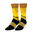 Yellow crew socks with a cheetah face, black savanna tree silhouette, and a black foot featuring a spotted yellow band.