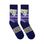 Flat lay of blue and purple socks showing an elephant face, black savanna tree silhouettes, and beige textured footband.