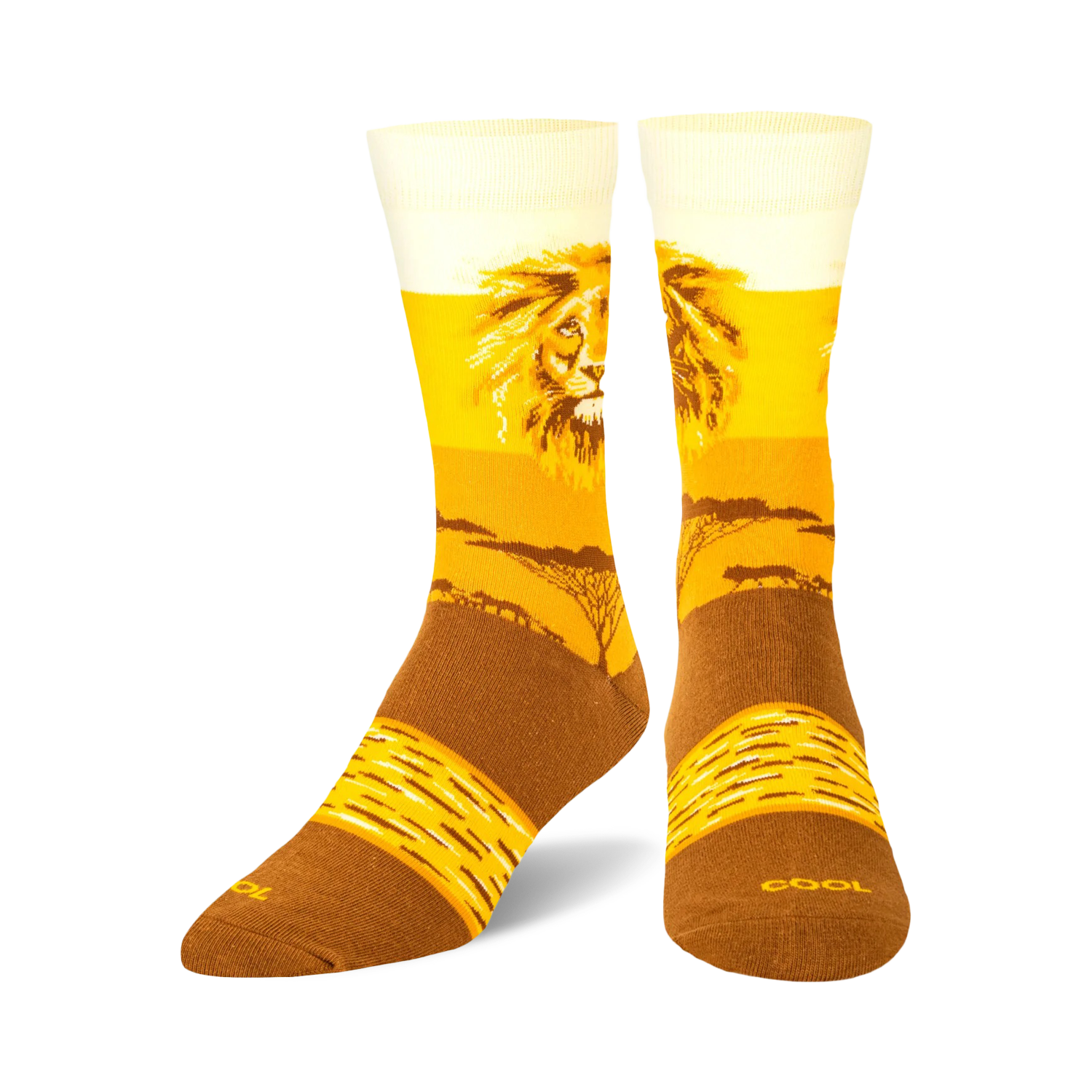 Lifestyle shot of Lion Safari socks on a model's feet.