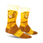 Flat lay product shot showcasing the Lion Safari socks' design.