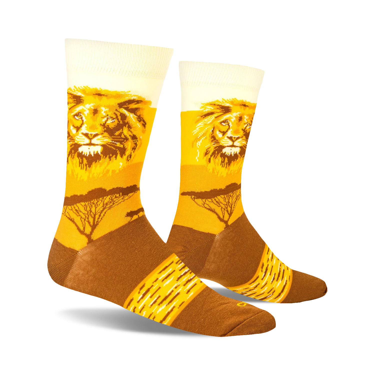 Flat lay product shot showcasing the Lion Safari socks' design.