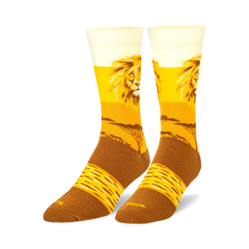 lions face pattern on yellow background men's crew socks   