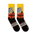 Flat lay of two Zebra Safari socks facing left, showing the sunset gradient, zebra head, tree silhouettes, and striped arch.