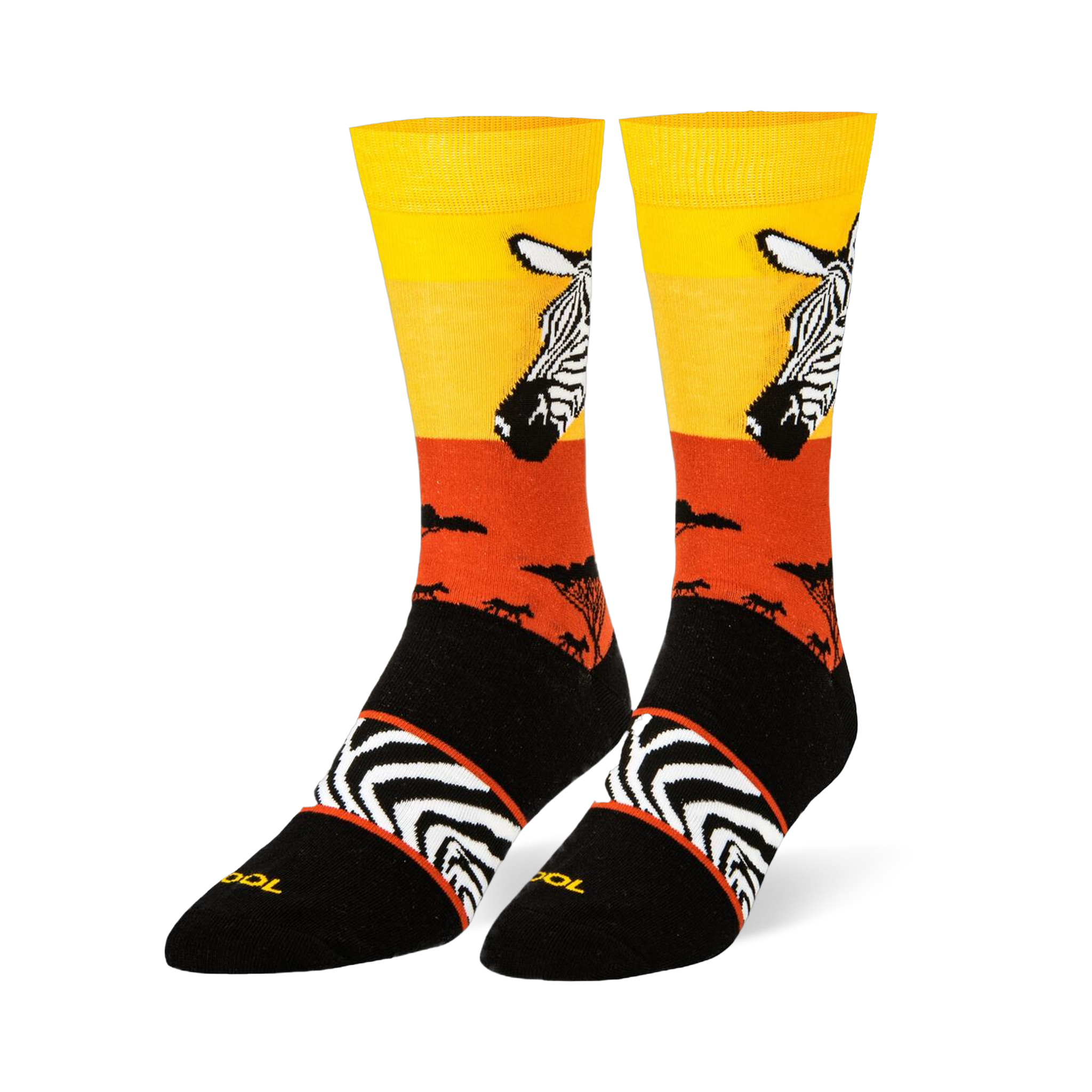 Black crew socks featuring a yellow and orange sunset, zebra head portrait, safari tree silhouettes, and an arch stripe band.