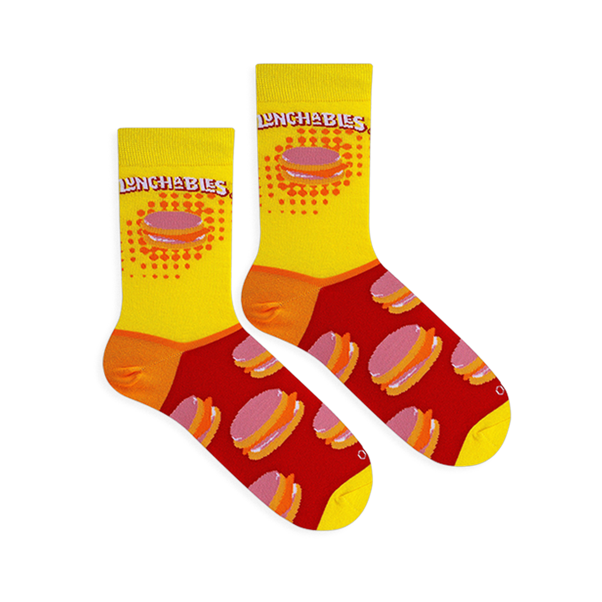 Flat lay of two Lunchables socks on a black background, showing the yellow tops, red foot pattern, and orange heels.