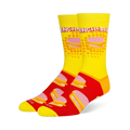 Crew socks featuring a yellow leg with the Lunchables logo and a red foot with a repeating pattern of stacked cracker snacks.