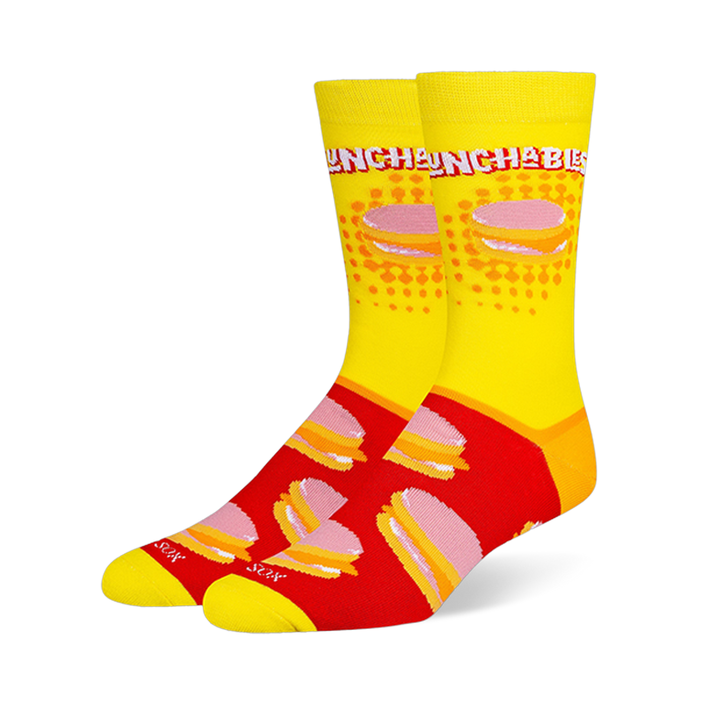 Crew socks featuring a yellow leg with the Lunchables logo and a red foot with a repeating pattern of stacked cracker snacks.