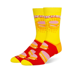 Crew socks featuring a yellow leg with the Lunchables logo and a red foot with a repeating pattern of stacked cracker snacks.