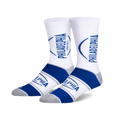 Pair of white crew socks with blue and gray stripes and the Philadelphia Cream Cheese logo. 