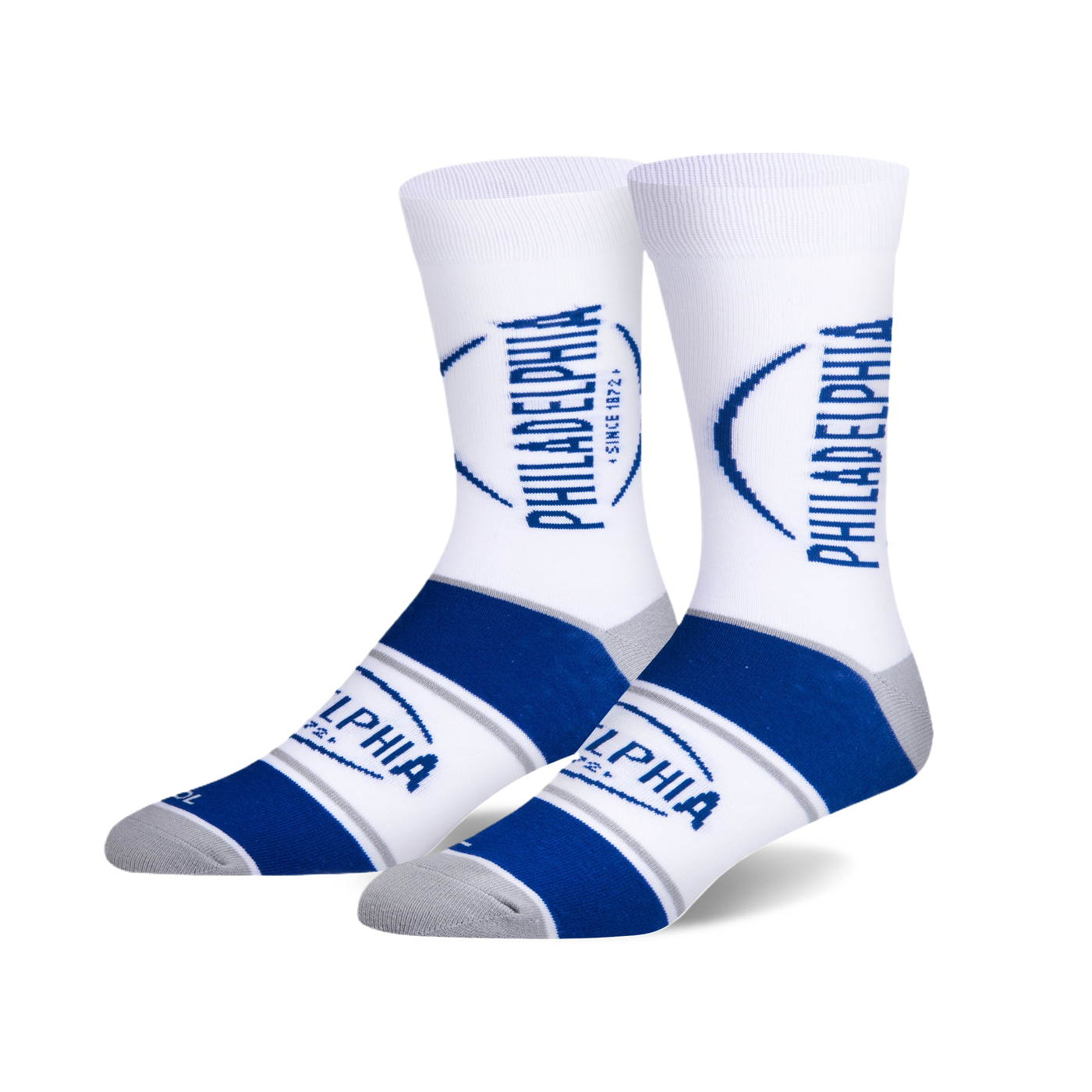 Pair of white crew socks with blue and gray stripes and the Philadelphia Cream Cheese logo. 