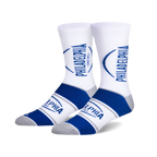Pair of white crew socks with blue and gray stripes and the Philadelphia Cream Cheese logo. 