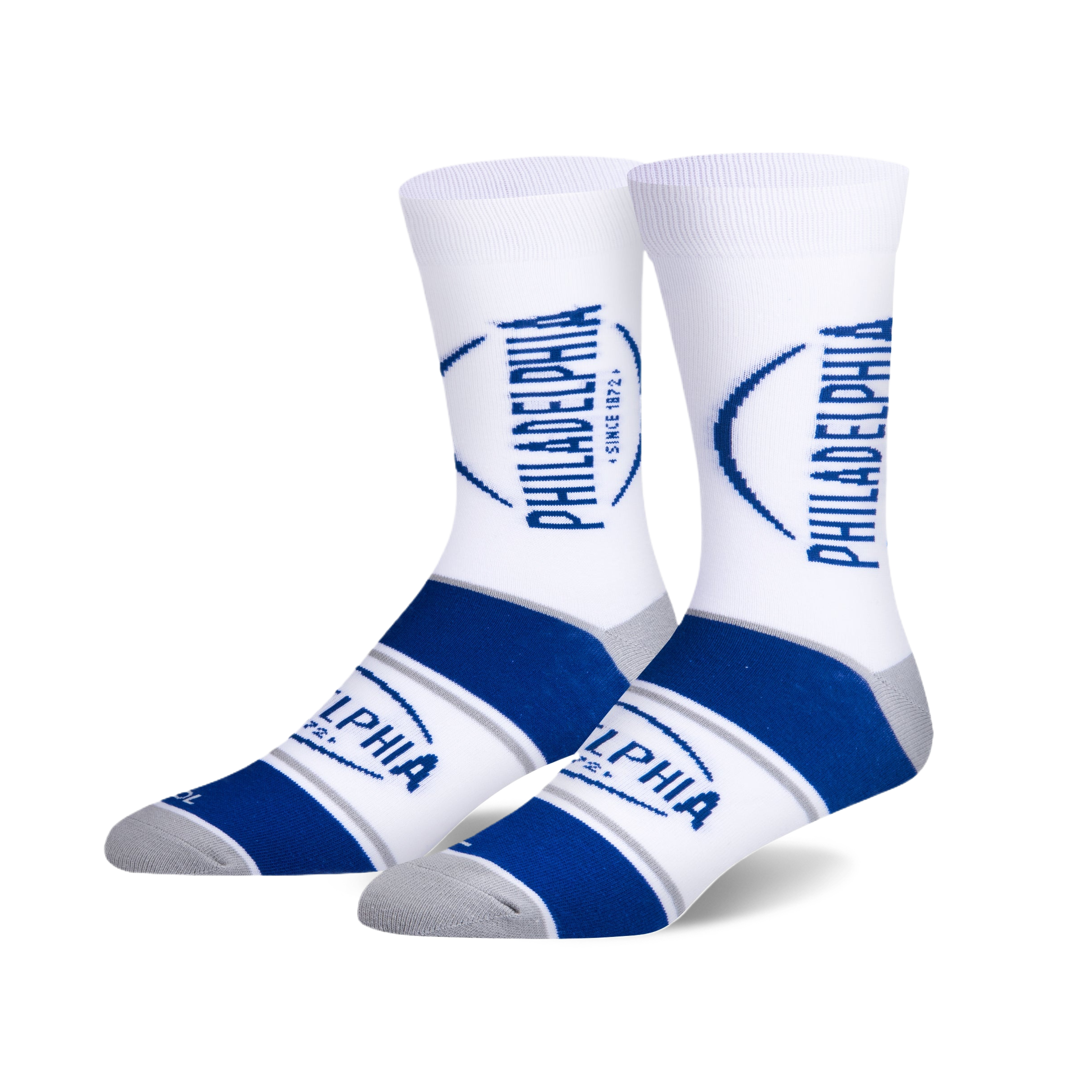 Pair of white crew socks with blue and gray stripes and the Philadelphia Cream Cheese logo. 