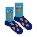 Flat lay of two crew socks. Light blue top with Teddy Grahams logo and one large bear. Navy blue foot with bear pattern.