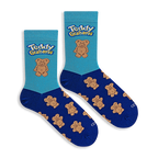 Flat lay of two crew socks. Light blue top with Teddy Grahams logo and one large bear. Navy blue foot with bear pattern.