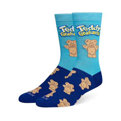 Light blue and navy crew socks featuring the Teddy Grahams logo, a large bear, and a pattern of smaller bears on the foot.