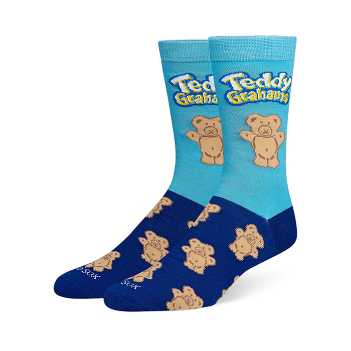 Light blue and navy crew socks featuring the Teddy Grahams logo, a large bear, and a pattern of smaller bears on the foot.