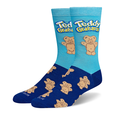 Light blue and navy crew socks featuring the Teddy Grahams logo, a large bear, and a pattern of smaller bears on the foot.