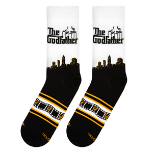 Close-up showcasing the detail of 'The Godfather' socks; black and white color scheme with yellow accents.