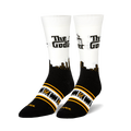 Pair of white and black crew socks with 'The Godfather' logo, film reel stripes, and a cityscape graphic.