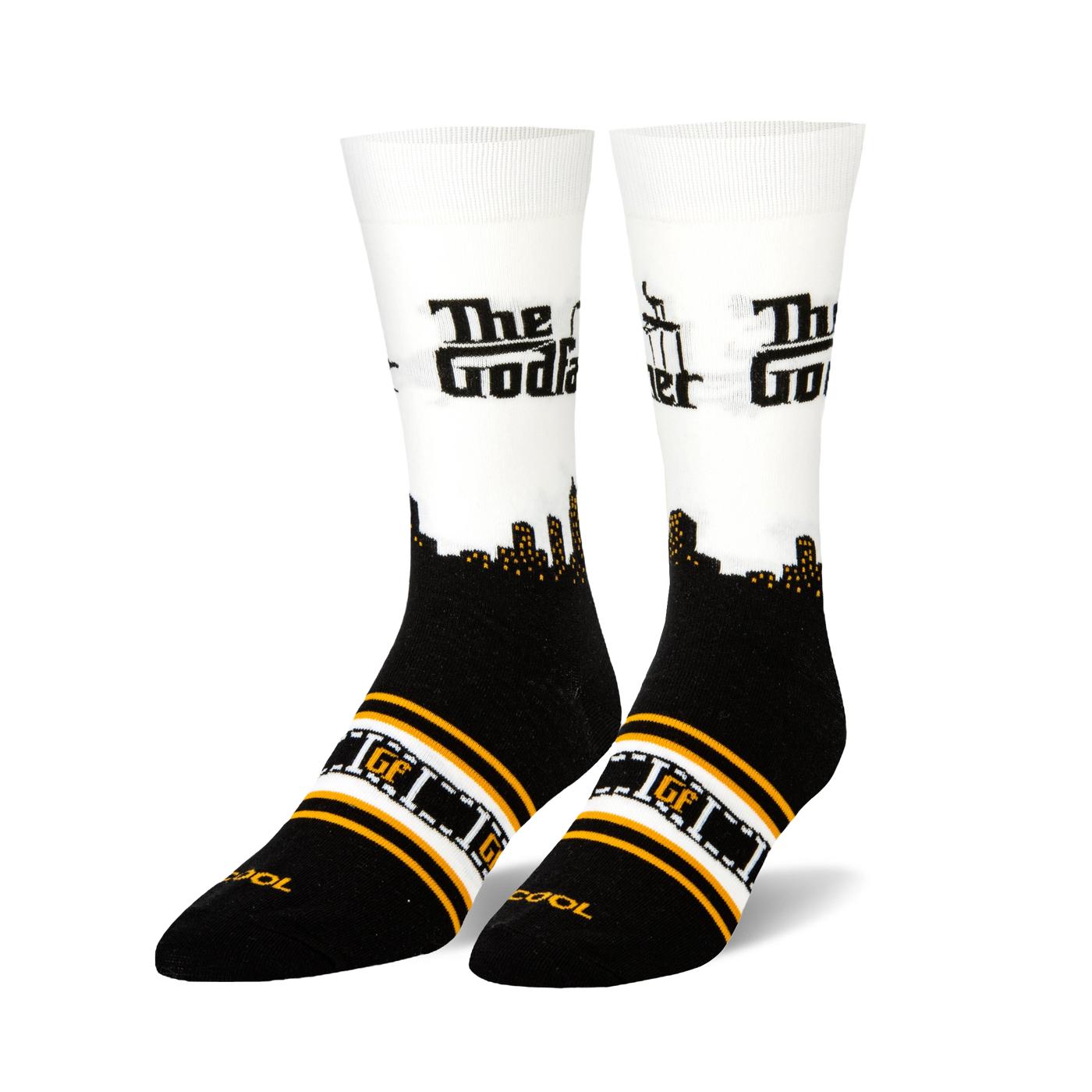 Pair of white and black crew socks with 'The Godfather' logo, film reel stripes, and a cityscape graphic.