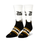 Pair of white and black crew socks with 'The Godfather' logo, film reel stripes, and a cityscape graphic.