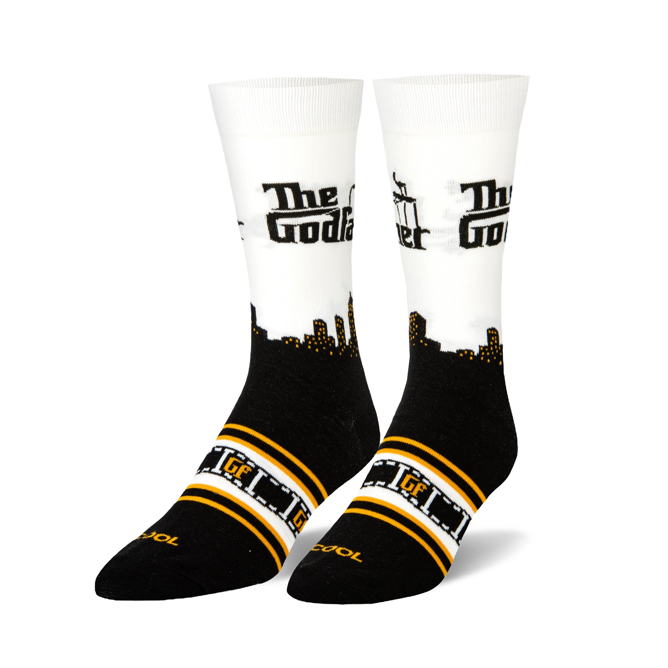 Pair of white and black crew socks with 'The Godfather' logo, film reel stripes, and a cityscape graphic.