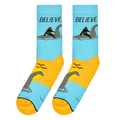 Close-up studio shot of a pair of 'Believe' socks showcasing the design details and colors more clearly.