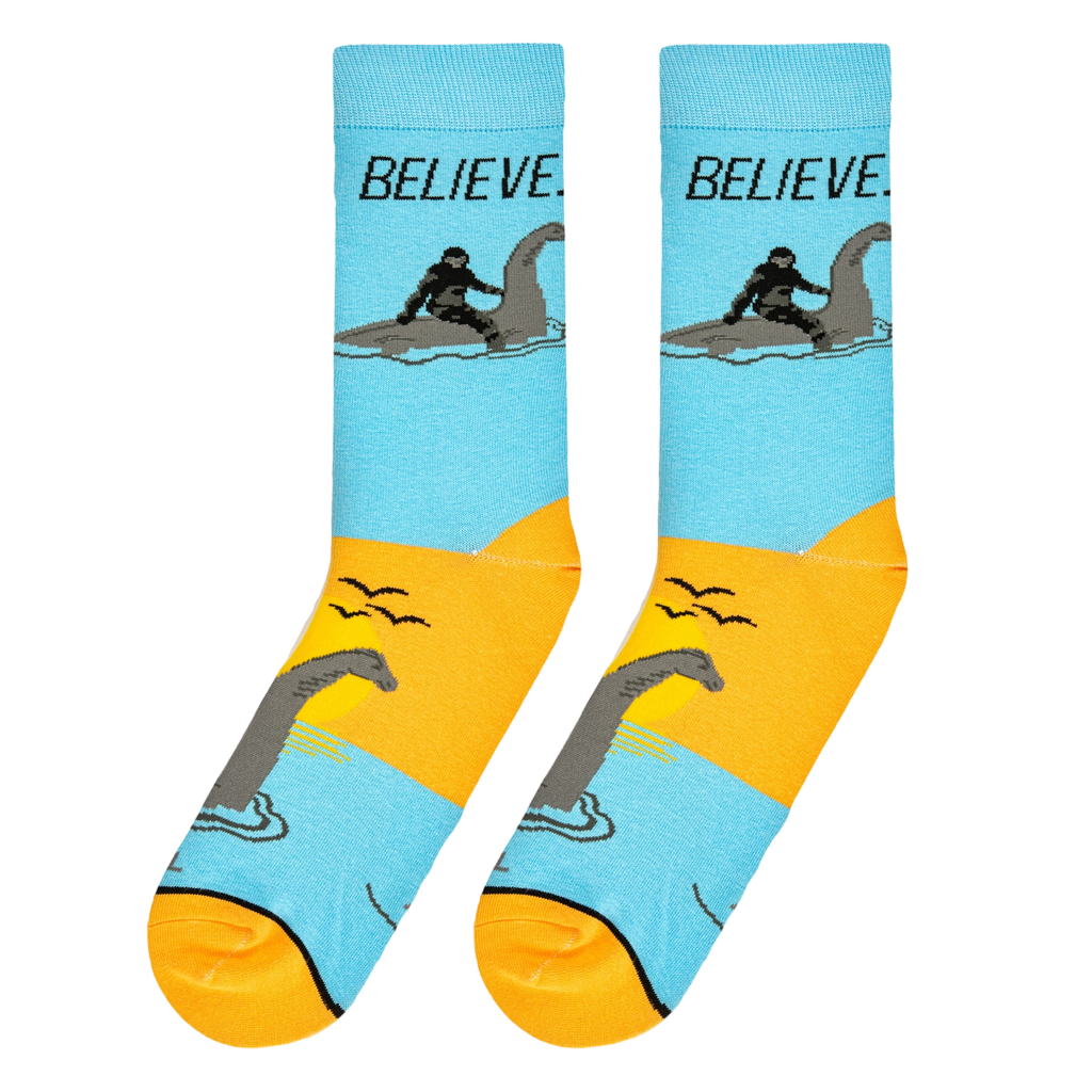Close-up studio shot of a pair of 'Believe' socks showcasing the design details and colors more clearly.