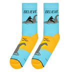 Close-up studio shot of a pair of 'Believe' socks showcasing the design details and colors more clearly.