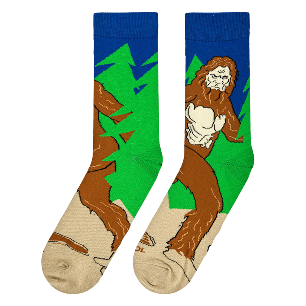 Lifestyle photo showing the Sasquatch socks on a person's feet, highlighting the sock's fit and design.